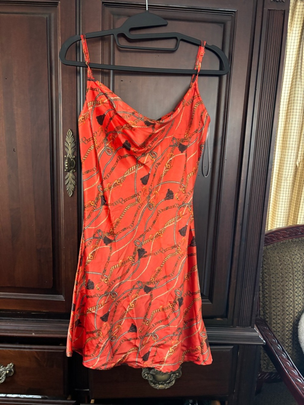 GUESS Red Chain-Print Satin Slip Dress